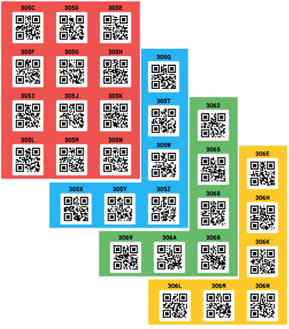 Red, Blue, Green and Yellow QR Code stickers for the Smart Labels App.